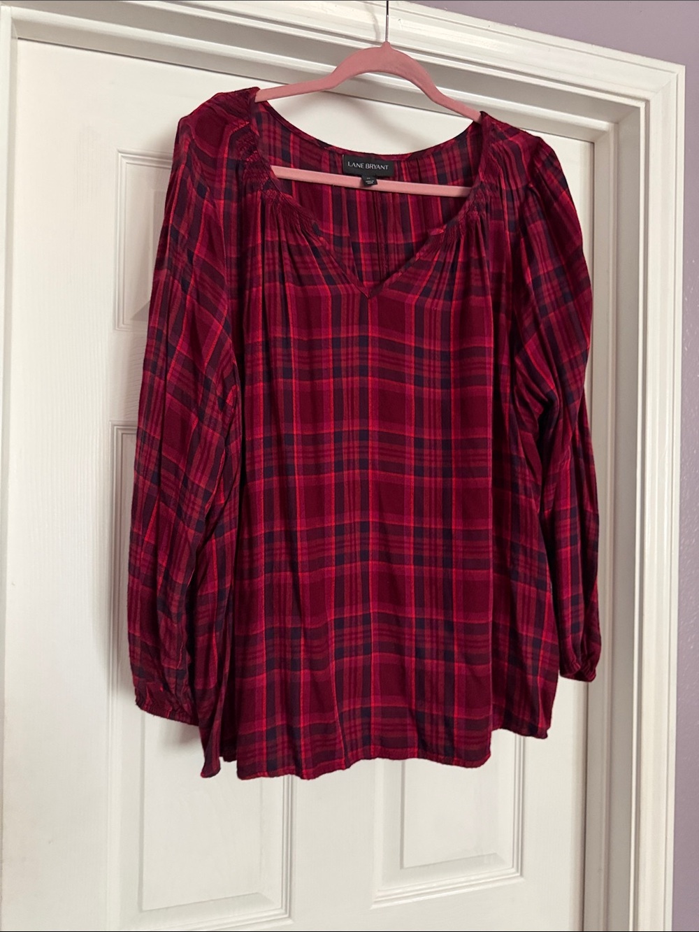 Lane Bryant Red Plaid Long-Sleeve Peasant Blouse